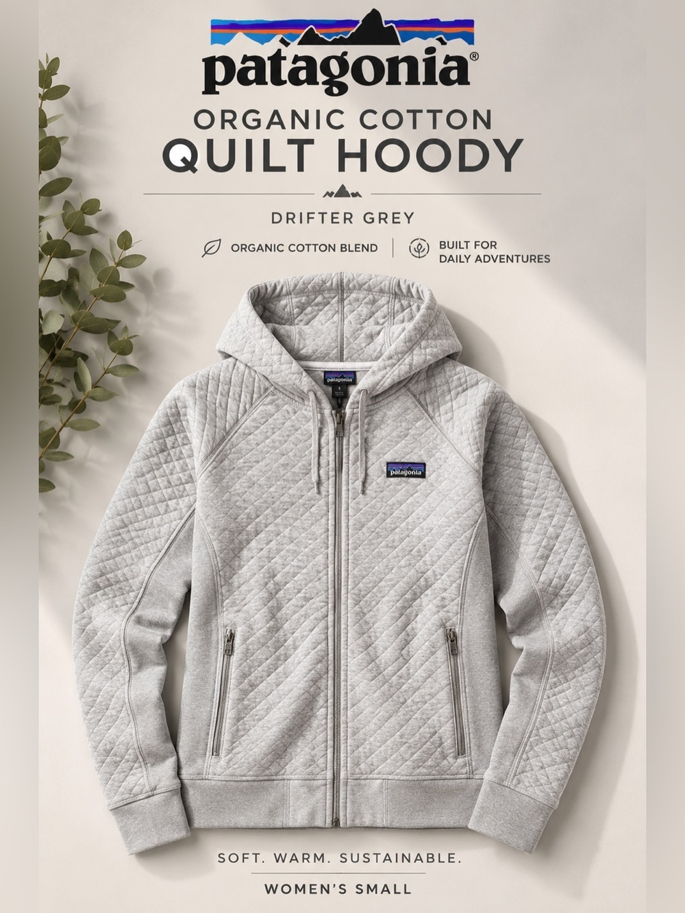 Patagonia Organic Cotton Quilt Hoody Jacket Gray Full Zip Hooded Women’s S